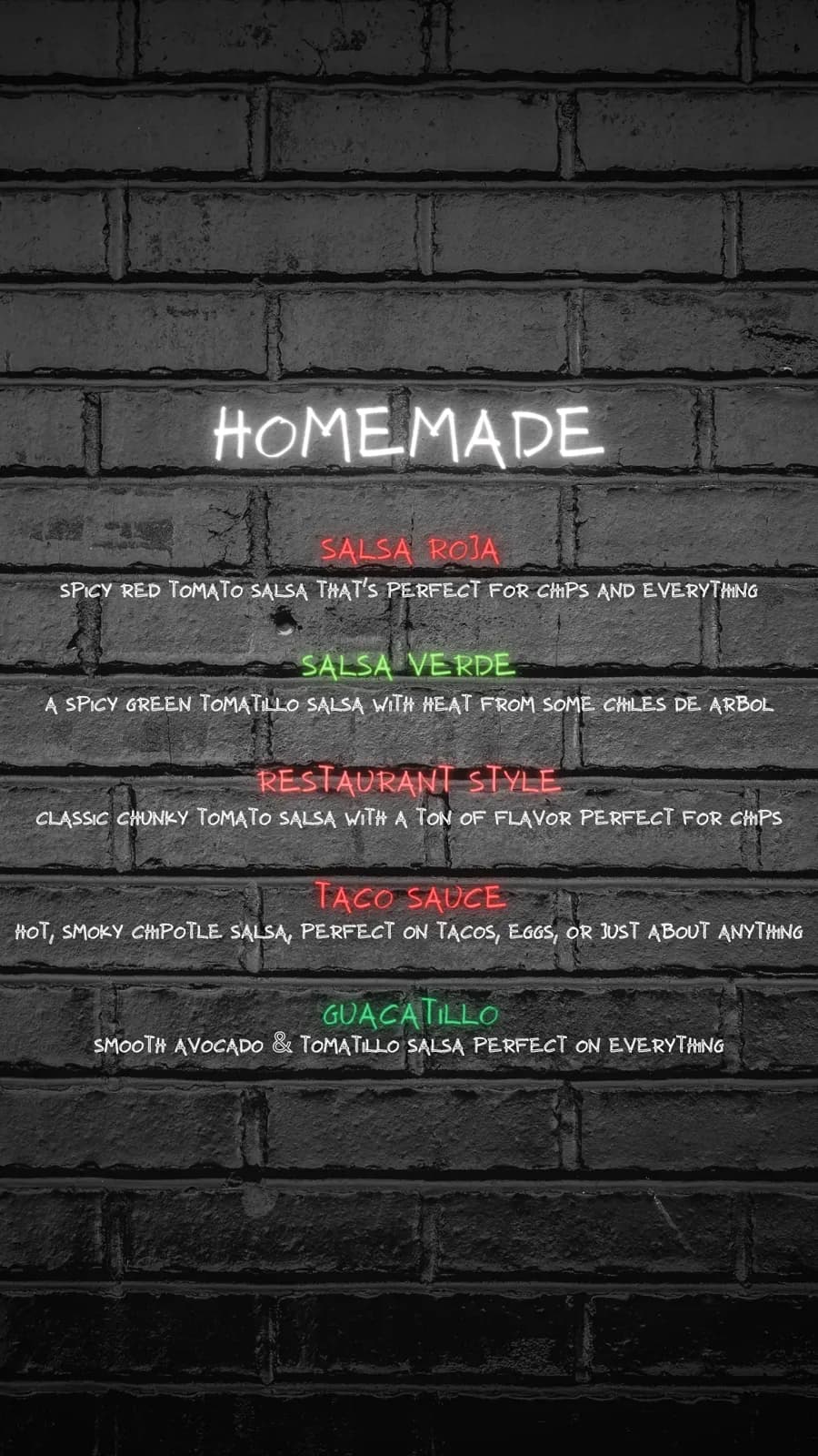 The first HOMEmade chalkboard-style menu listing five salsas